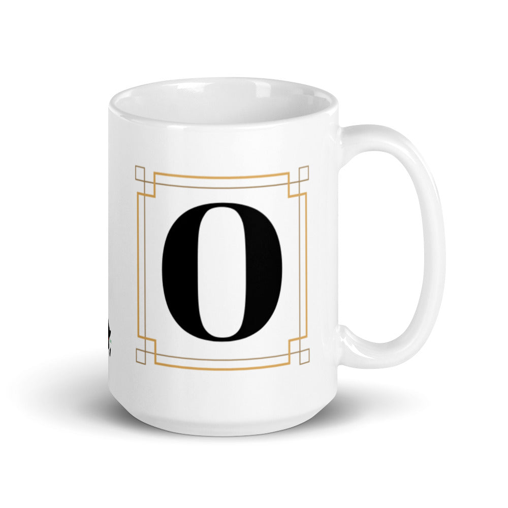 White Framed "O" Monogram Mug by Africa Creates Art