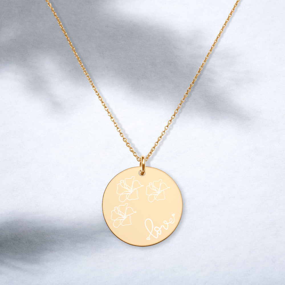 Love for Hibiscus Engraved Disc Necklace