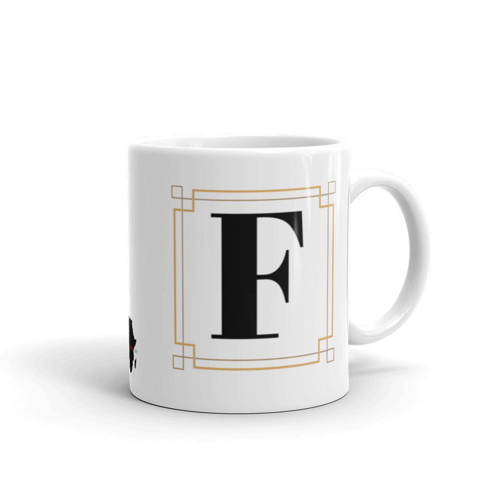 White Framed "F" Monogram Mug by Africa Creates Art