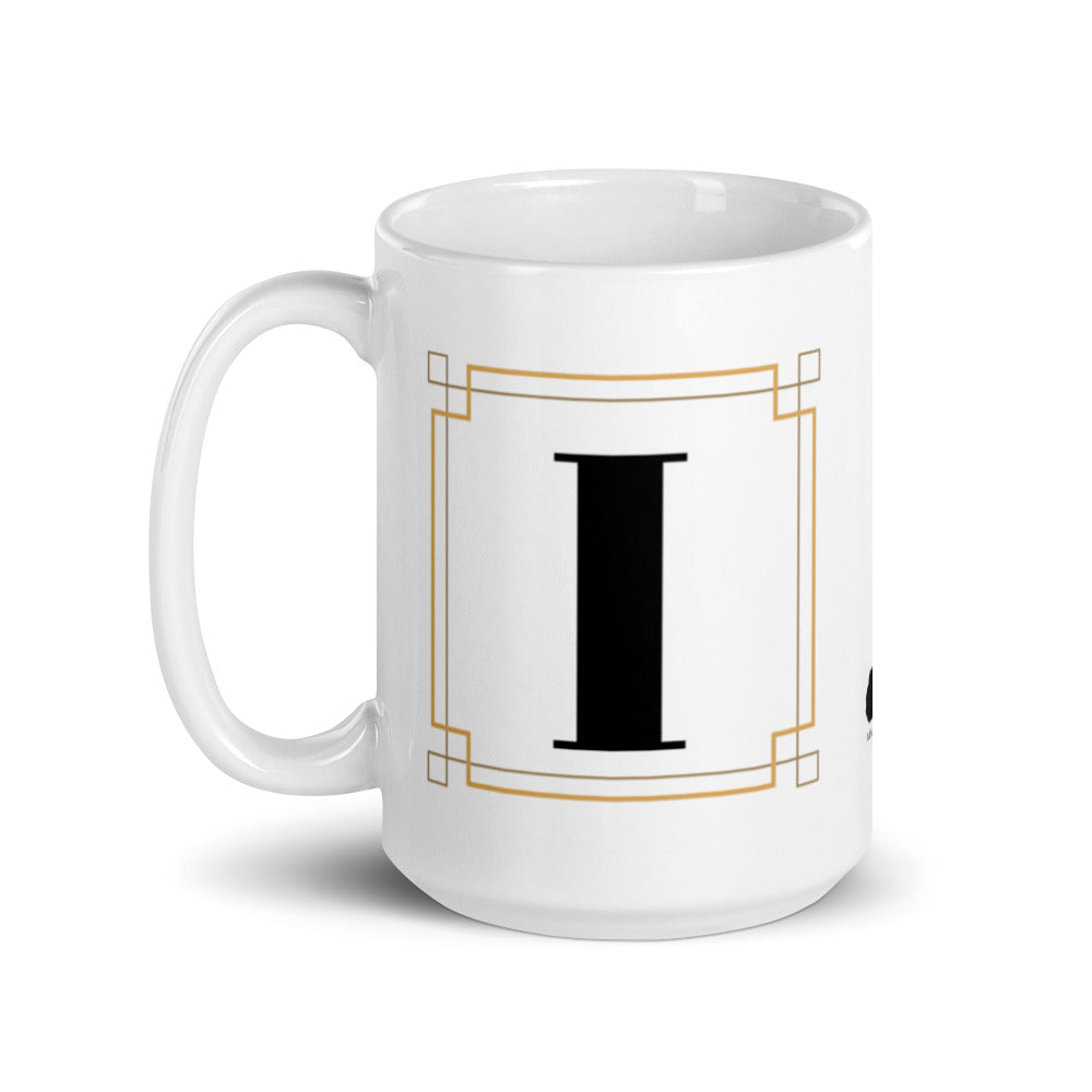 White Framed "I" Monogram Mug by Africa Creates Art