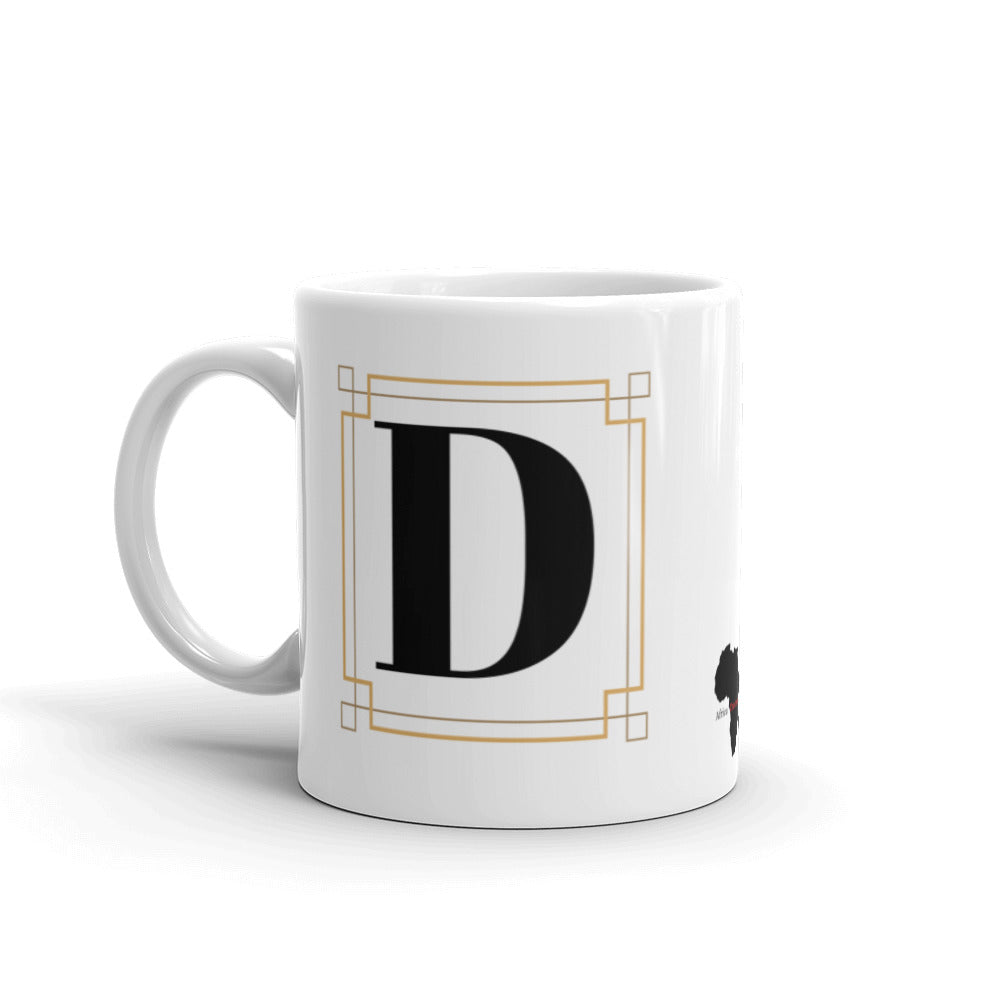 White Framed "D" Monogram Mug by Africa Creates Art