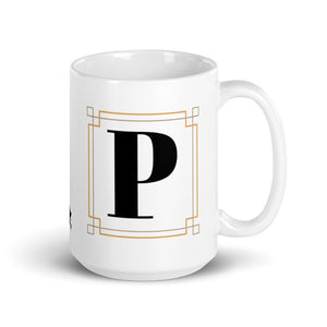 White Framed "P" Monogram Mug by Africa Creates Art