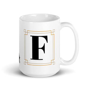 White Framed "F" Monogram Mug by Africa Creates Art