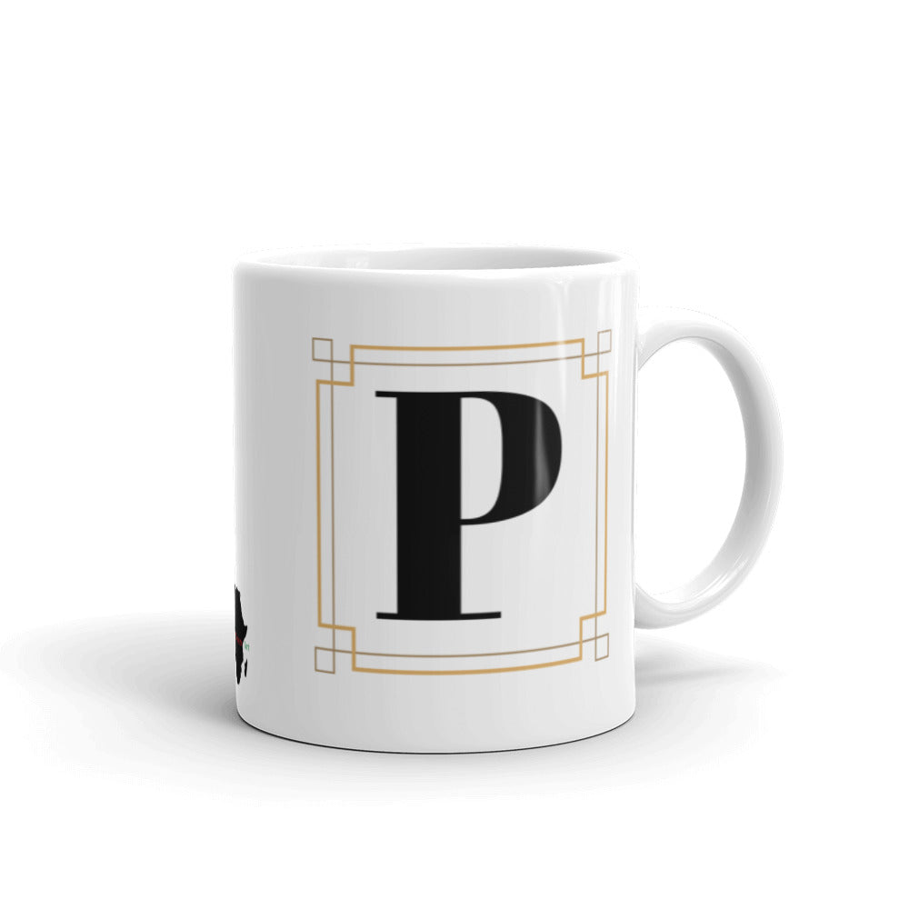 White Framed "P" Monogram Mug by Africa Creates Art