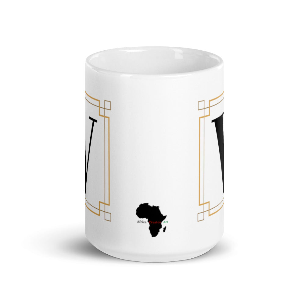 White Framed "V" Monogram Mug by Africa Creates Art