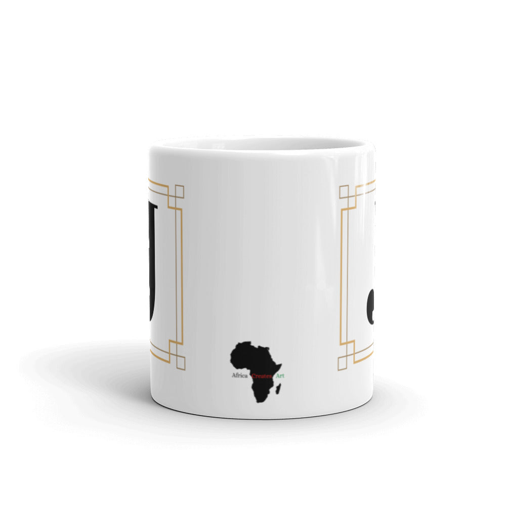 White Framed "J" Monogram Mug by Africa Creates Art