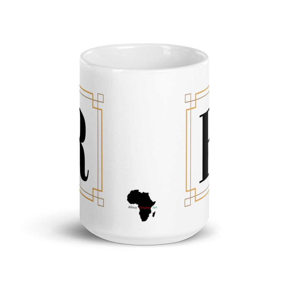 White Framed "R" Monogram Mug by Africa Creates Art